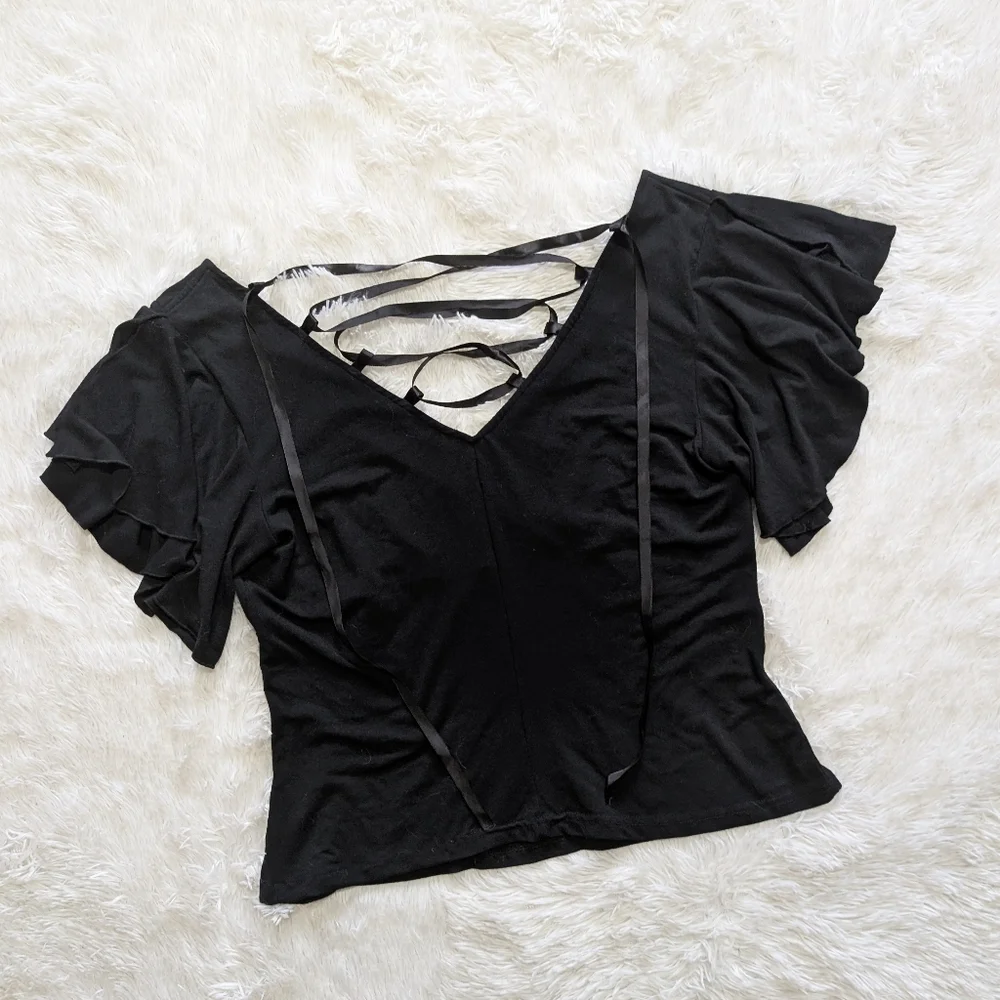 Y2K Vintage Lip Service Black Lace Up Back Split Flutter Sleeve Top 0X
